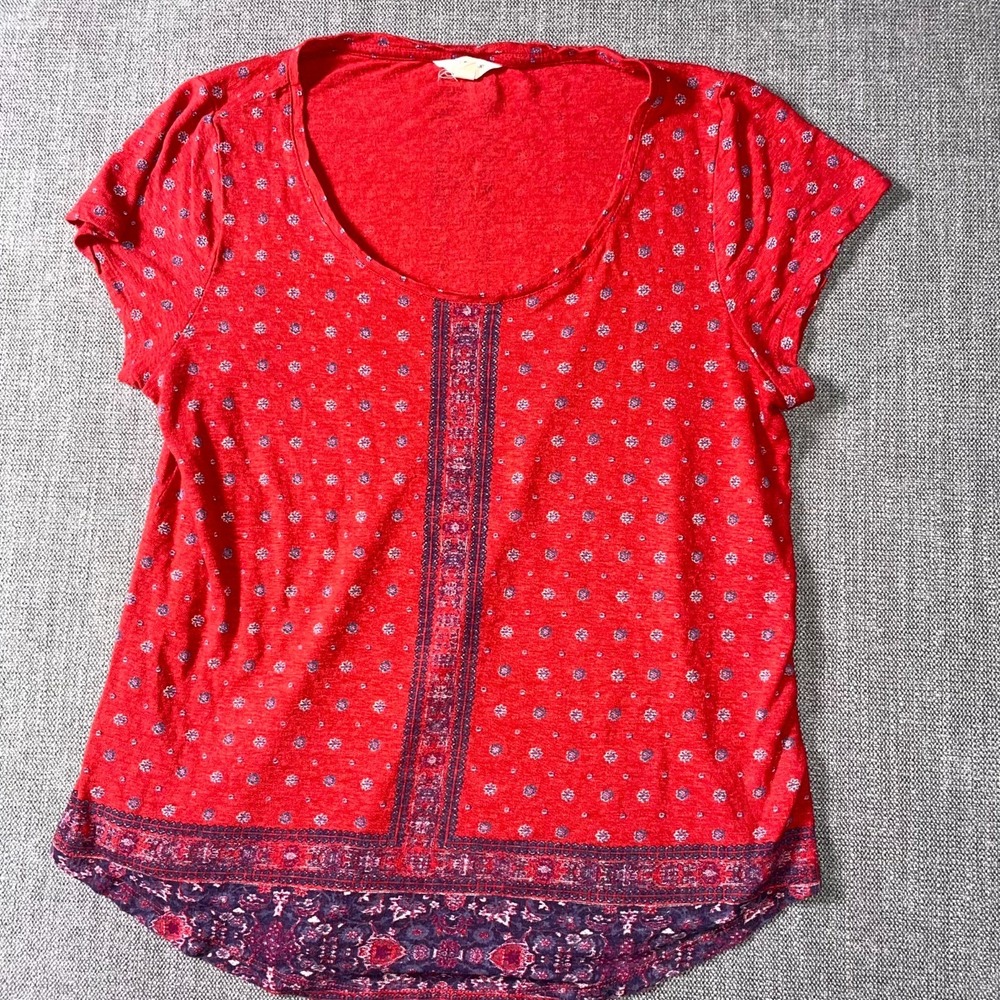 Lucky Brand Blouse Top Womens Large Multicolor Floral Round Neck Hi Low Hem
